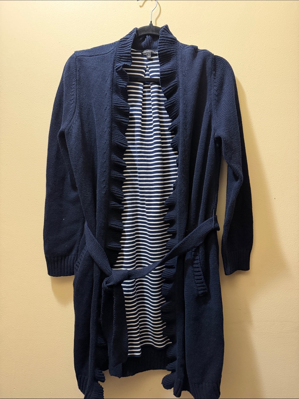 Talbots Navy Long Ruffle-Edge Open Cardigan with Belt